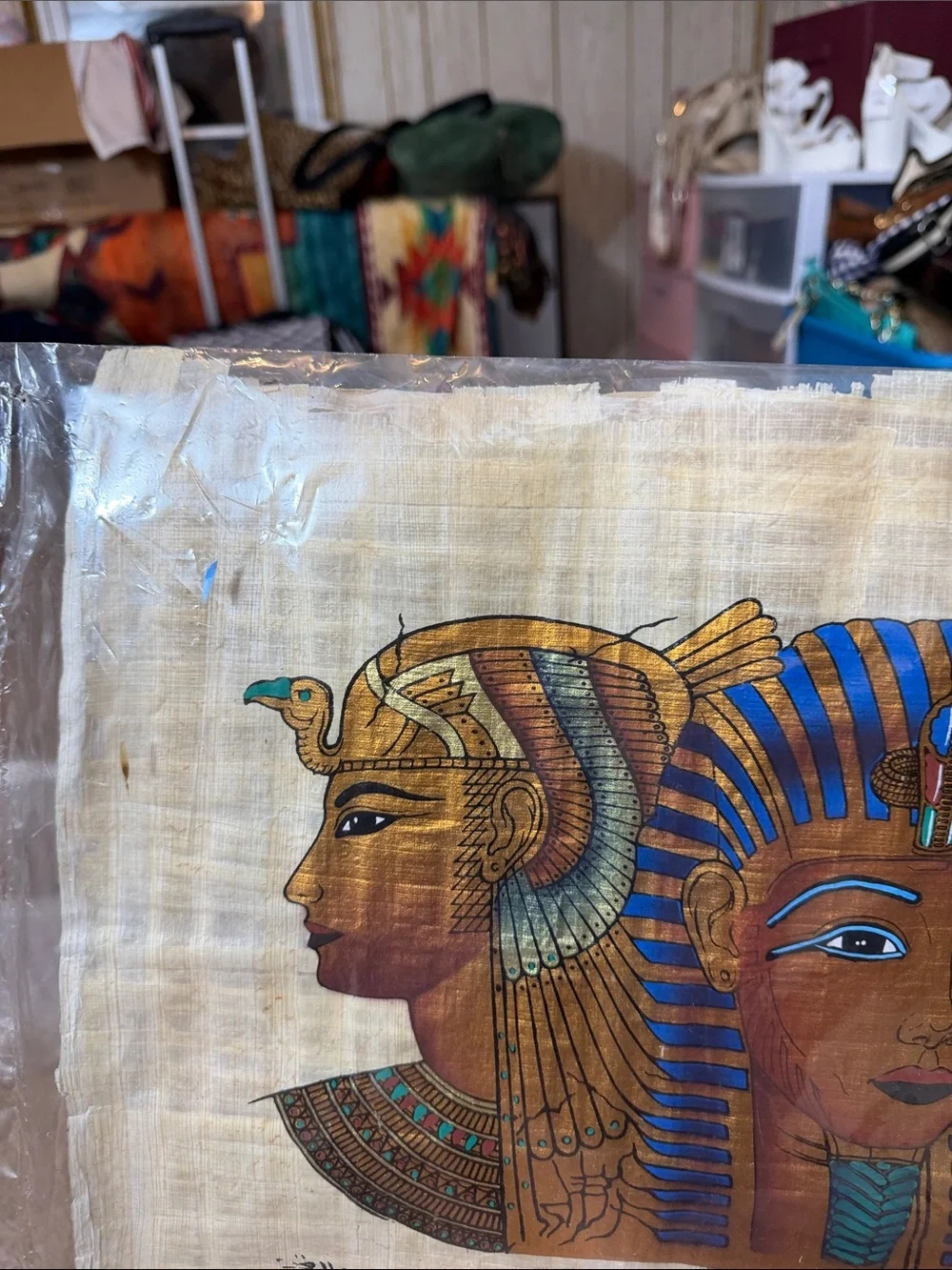Egyptian Triptych Papyrus Wall Art - Blue and Gold VINTAGE ANTIQUE
